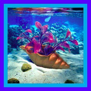 Aquarium Decoration - Gold Long Shell with Pink and Blue Plant.